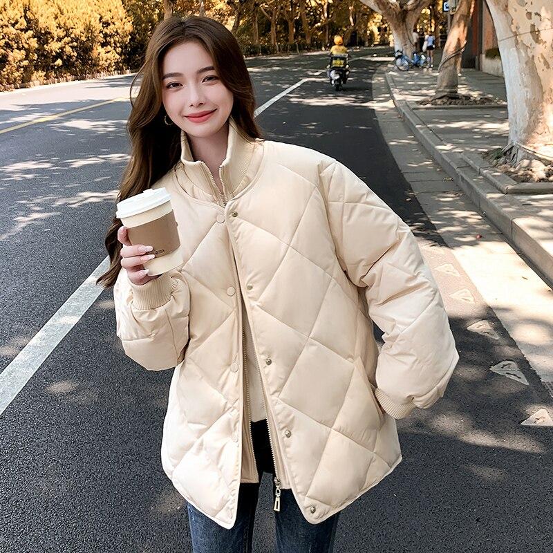 Damen-Parka aus lockerer Baumwolle für Studenten, schwarzer Stehkragen-Outwear-Mantel