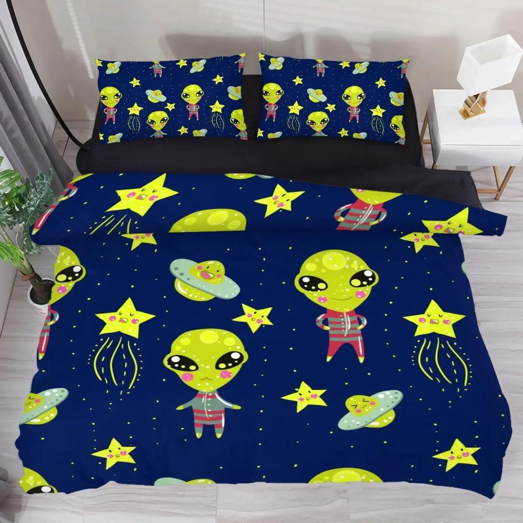 Alien UFO Duvet Cover Queen Boys Kids Supernatural Martiansal Beings From Other Planets Head of An Alien Polyester Qulit Cover