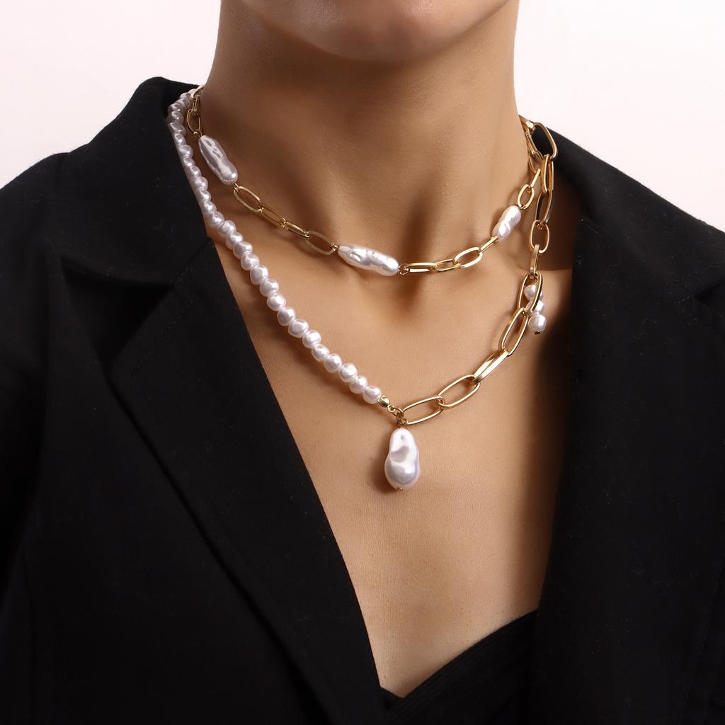 Europe, America, double-layer paperclip chain, special-shaped pearl pendant, necklace, women's trendy small fragrant style women's necklace.