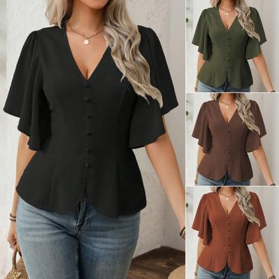 Damen Oberteile V-Ausschnitt Flatternde Kurze Ärmel Einreiher Hemd Weich Dehnbar Taillen-Design Lässige Bluse Party Urlaub Büro Date Tragen