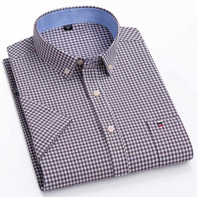 Letnie Nowe Męskie Koszule Oxford Krótki Rękaw 100% Bawełna Kratka Miękkie Regularny Krój Formalna Koszula Elegancka Koszula Społeczna Odzież Męska