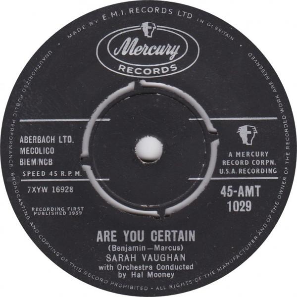 

7inch Record SARAH VAUGHAN - Are You Certain 45AMT1029 Mercury 1959 UK Jazz Used