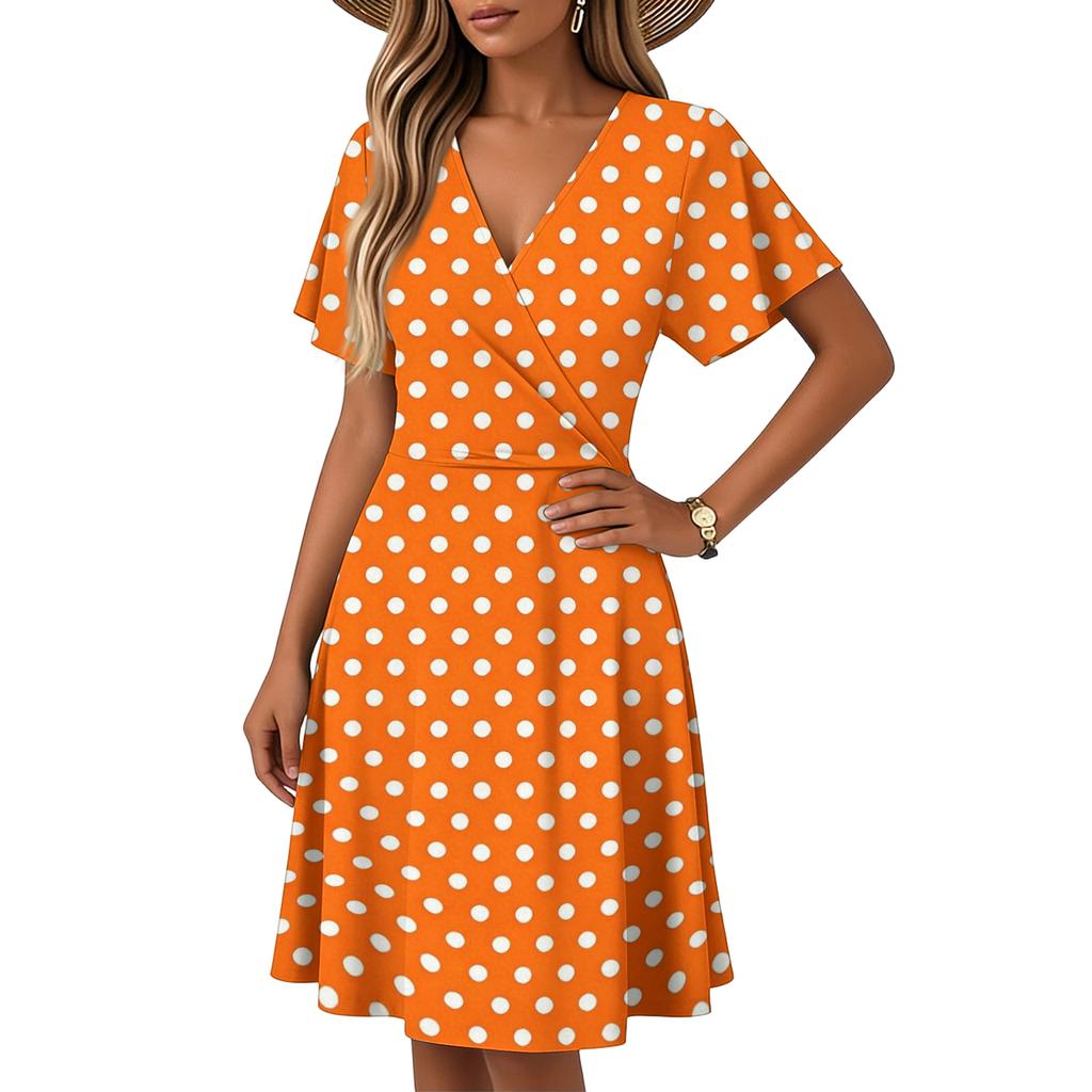 Women’s Flare-Sleeve Short-Sleeve Casual Dress Polka-Dot Printed V-Neck Dress