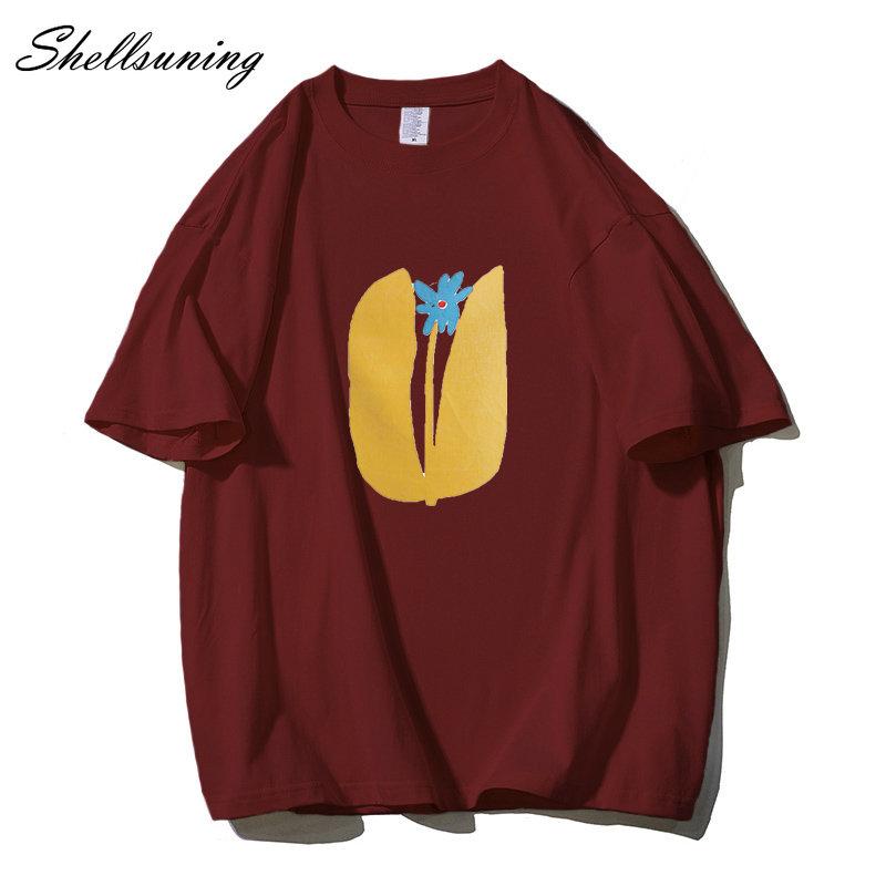 Shellsuning Summer Aesthetic Floral T Shirts Women Loose Short Sleeve Cotton Printed Tees Female Casual O Neck Vintage Base Tops