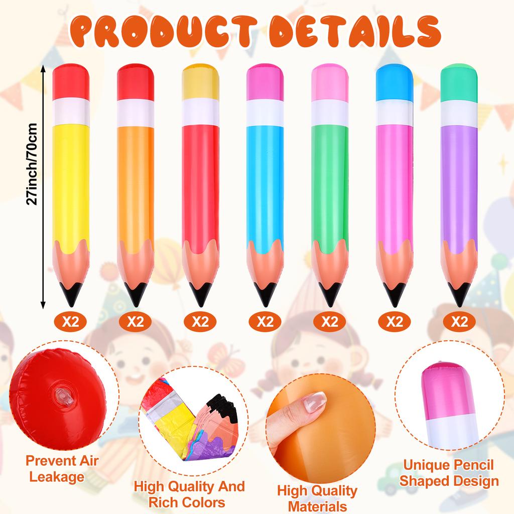 14 Pcs 27 Inch Jumbo Inflatable Pencil 7 Colors Blow Up Pencil Crayons Balloons Decorations For Classroom Theme Back To School B