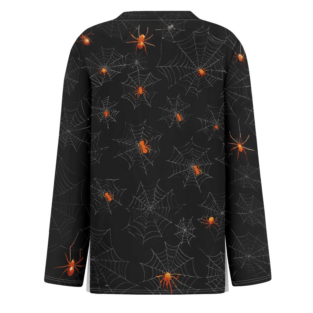 Women's Long Sleeve Round Neck Top with Halloween Print and Side Split Hem