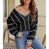 New Autumn and Winter Knitted Sweater Women's Top V-neck Contrasting Color Striped Pullover Loose Sweater Women