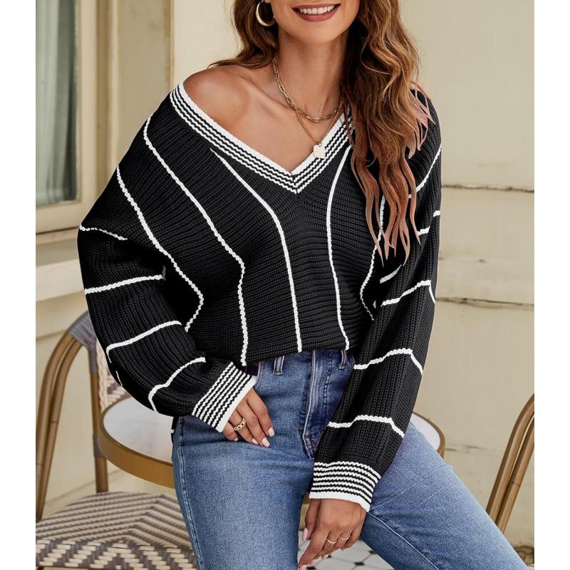 New Autumn and Winter Knitted Sweater Women's Top V-neck Contrasting Color Striped Pullover Loose Sweater Women
