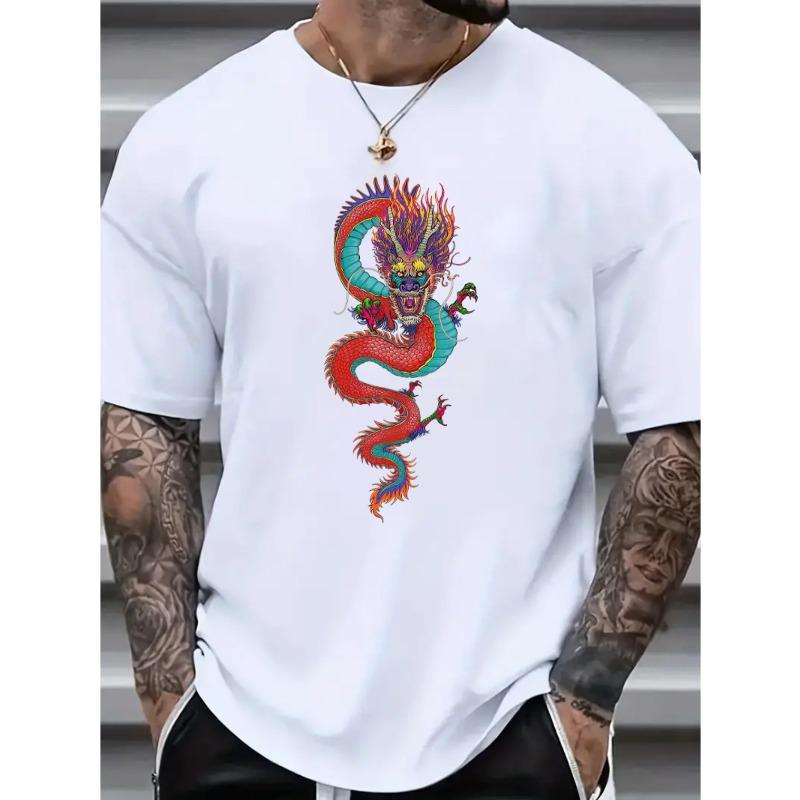 European Size Plus Size 'Dragon Totem' Tee, Men's Casual Graphic T-Shirt Short Sleeve Versatile Loose Summer Tops For Street Daily