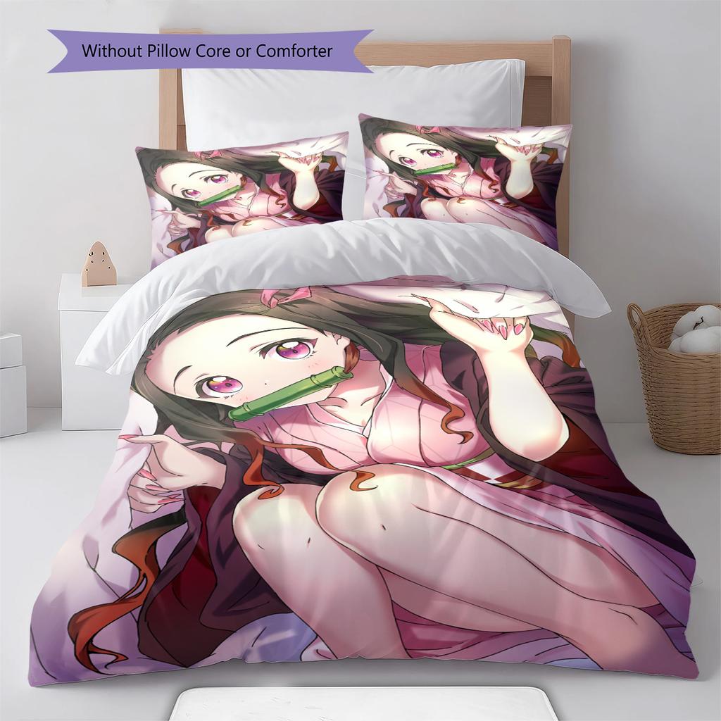 Demon Slayer Nezuko Kamado Magical Anime Bedding Set Duvet Cover Polyester Soft Comforter Bedroom Set -QJY