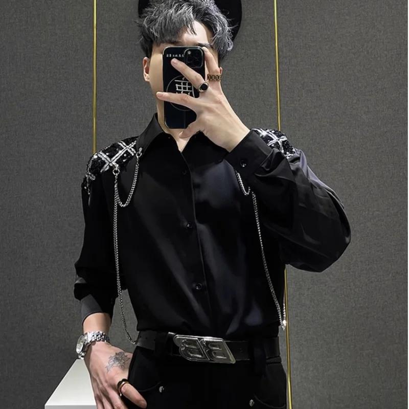 Men Trendy Brand Handsome Loose Spliced Sequin Design Chain Shirt