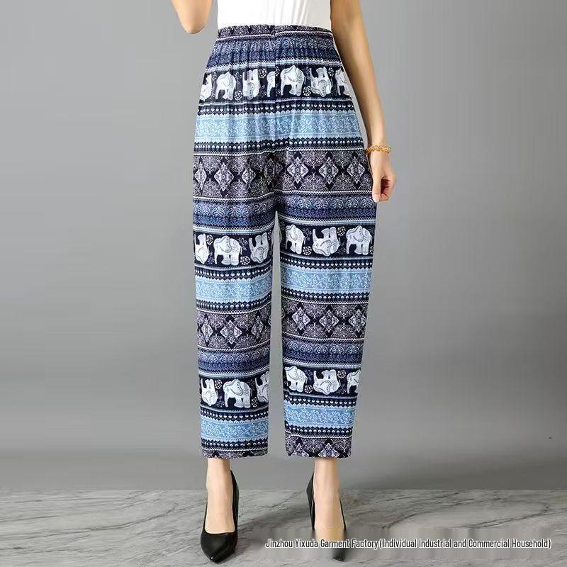 

Повседневные летние женские брюки большого размера из ледяного шелка с высокой талией для женщин среднего и пожилого возраста One Size (100-160 jin)