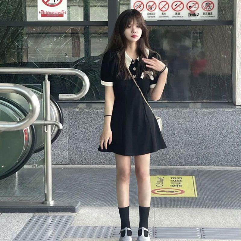 2026 Korean Style Petite Black Polo Dress: Women's Versatile A-line Trendy Short Skirt