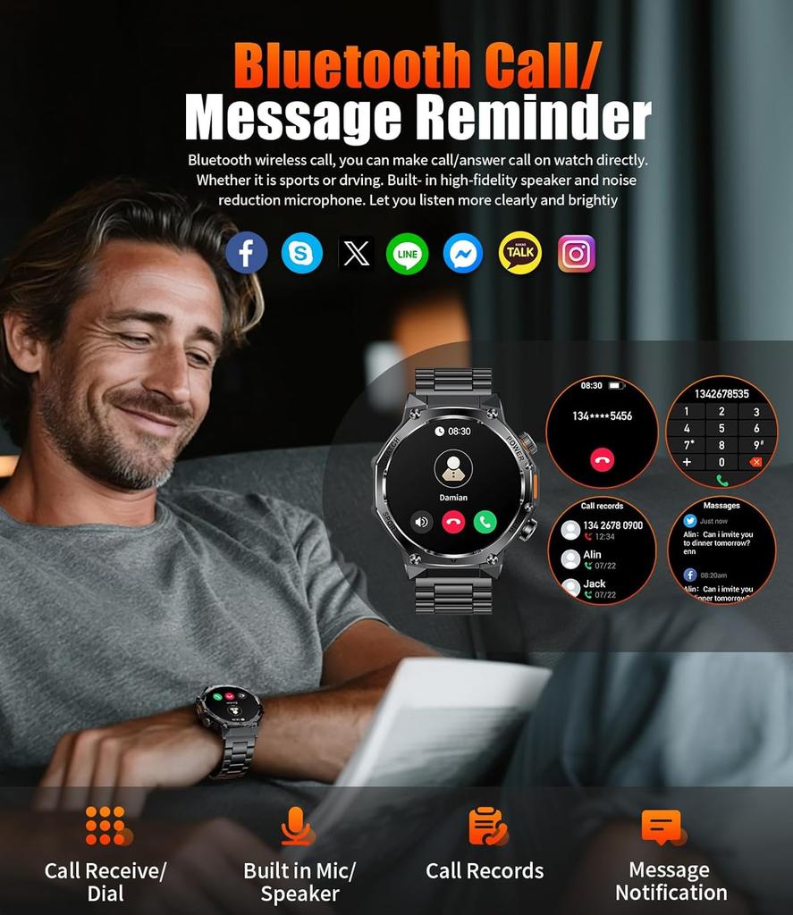 Military Smart Watch for Men 800mAh Smart Watches with LED Flashlight for Android/iOS Bluetooth Call Fitness Tracker with Heart Rate/Sleep Tracking