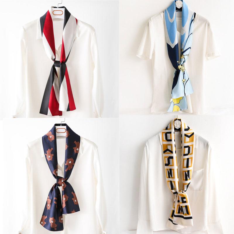 Hijab Real Long Silk Women Print Elegant Neck Scarves Hair Head Ribbon Tie Bag Handle Decoration Foulard Collar Kerchief
