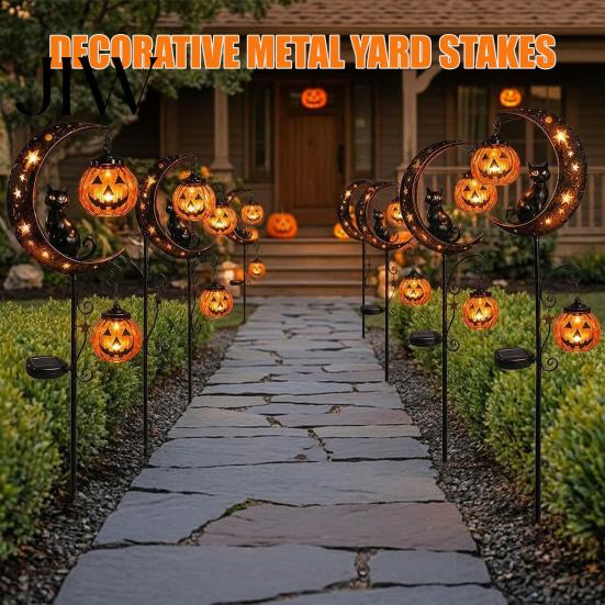 Waterproof Wrought Iron Lawn Ornaments Solar Halloween Metal Garden Stake Light, Auto On/Off Crescent Moon Black Cat with Hanging Autumn Path Lighting