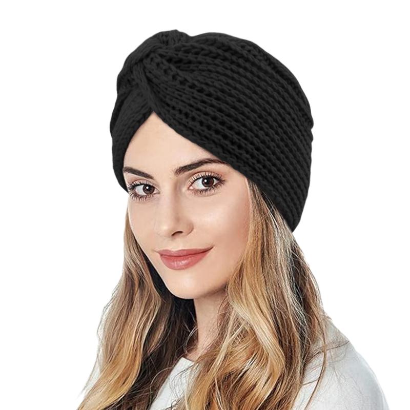 Women's Solid Color Winter Knitted Turban Hat Imitation Cashmere Cross Twisted Hat for Women Bohemian Style Hijab Caps