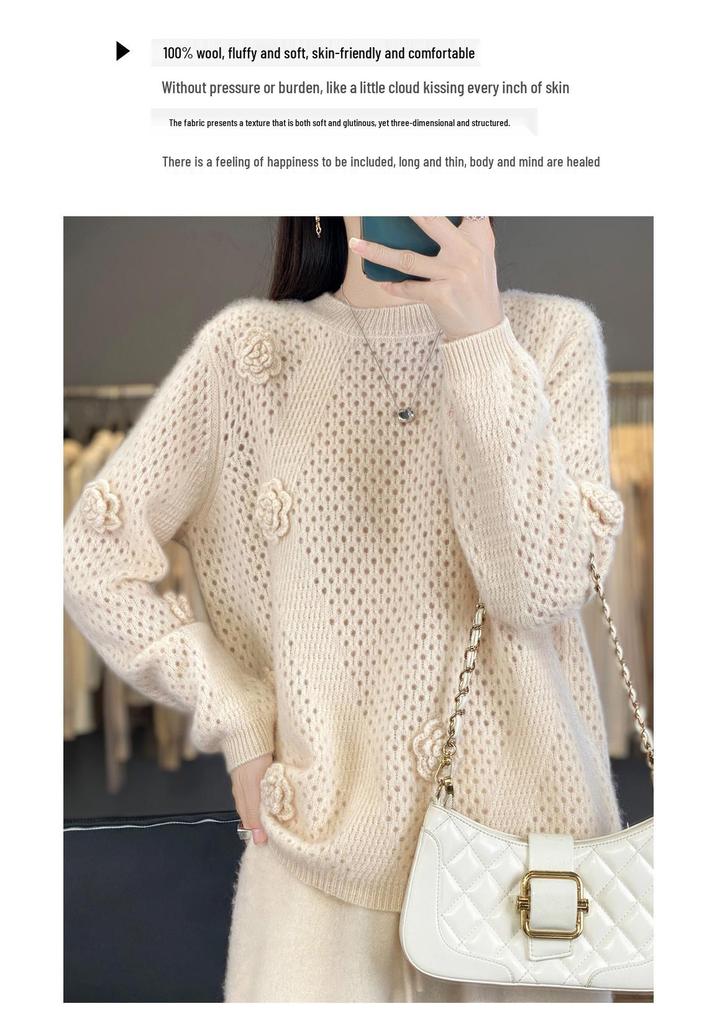 2025 Autumn/Winter Women's Thick Cashmere Hand-Knit Hollow Round Neck Long Sleeve Sweater
