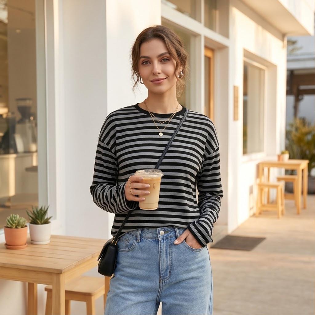 Women's Striped Long Sleeve T-Shirt Loose Fit Round Neck Color Block Casual Layering Top