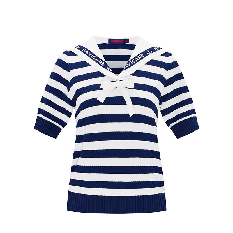Navigare Women's Sailor Stripe Short Sleeve Polo Knit Top