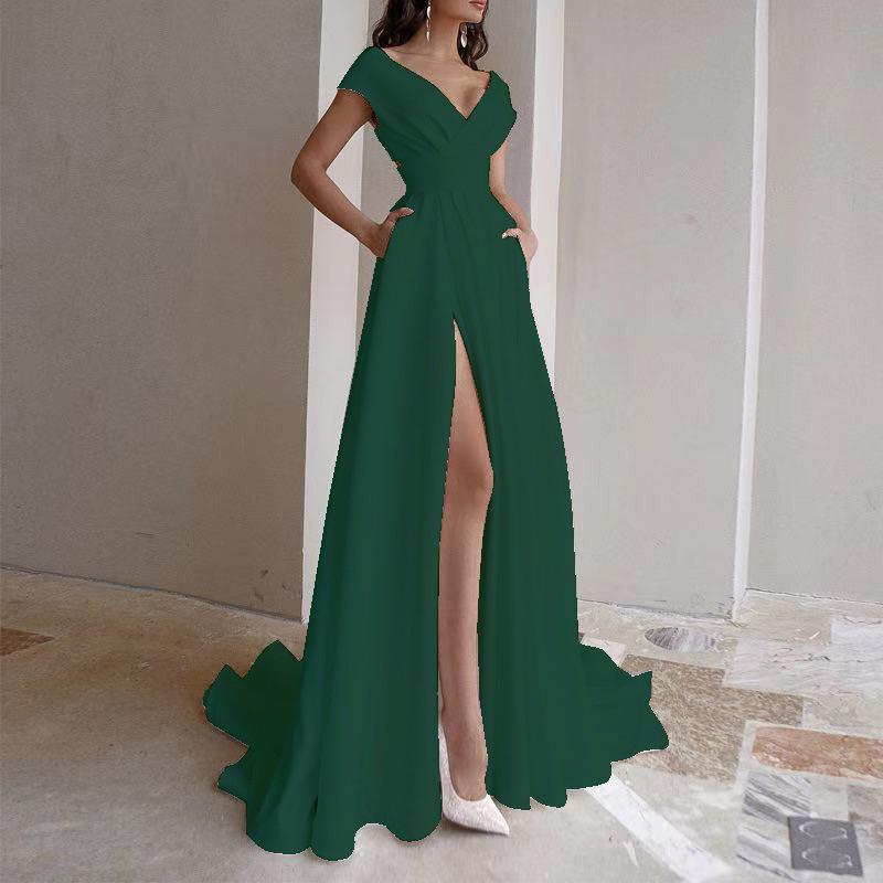 2025 Spring/Summer V-Neck Ruffled White Mid-Waist Long Dress Large темно-зеленого