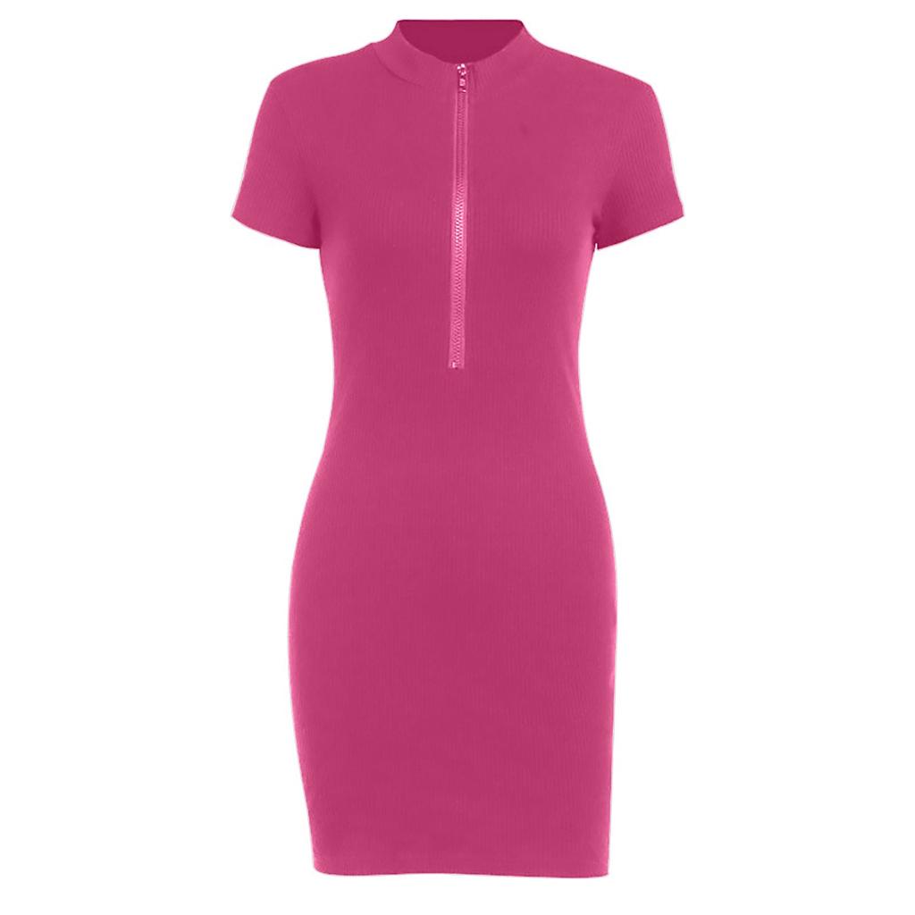 Women Fashion Summer Sexy Solid Color Zipper V-Neck Short Sleeve Mini Dress Summer Dress
