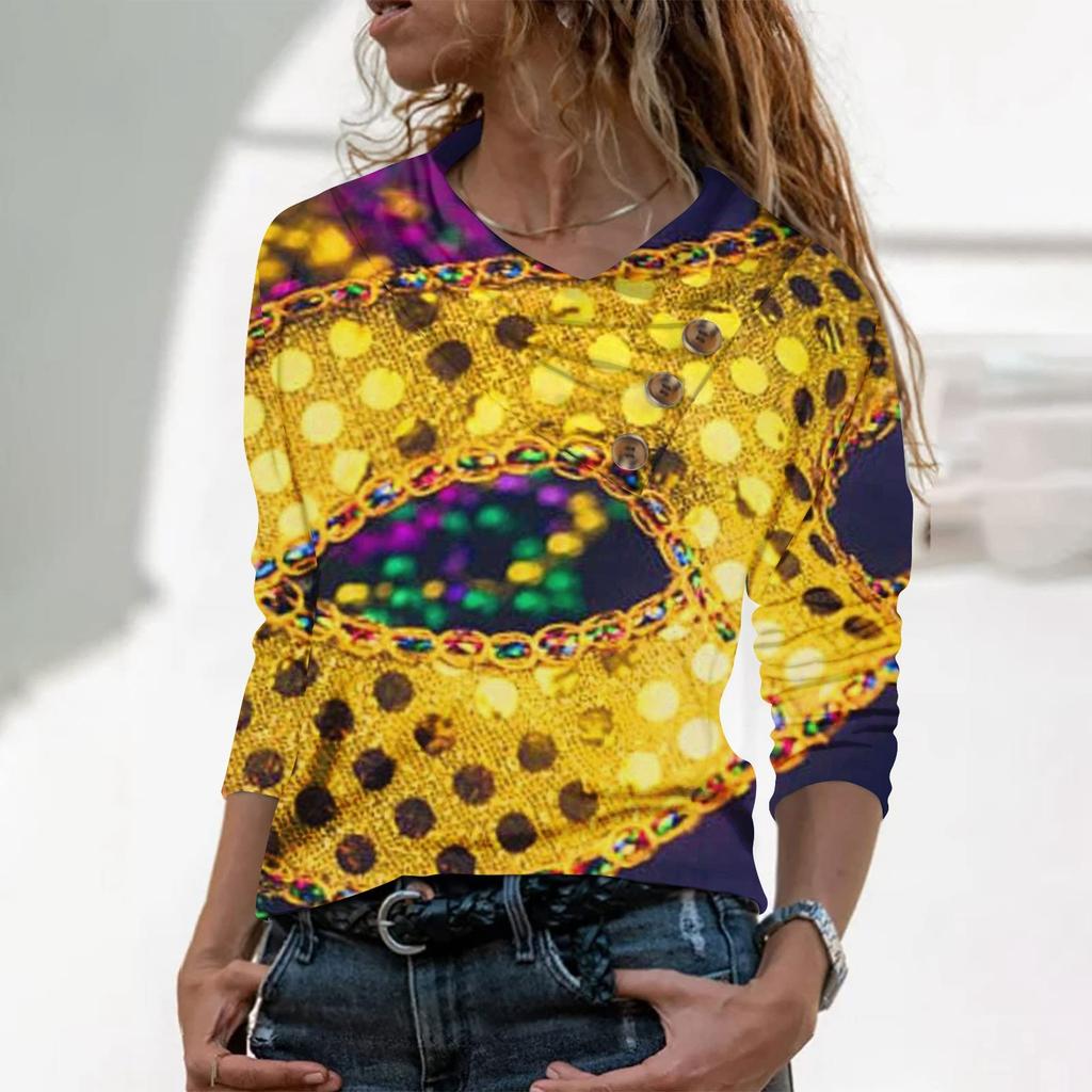 Women's Casual Button V-Neck Long Sleeved Shirt With Printed Fashion T-Shirt