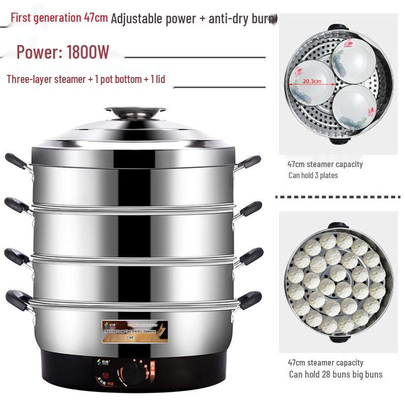 52cm Multifunctional Electric Steamer with Auto Shut-off, Keep Warm Feature, Stainless Steel, Three Layers