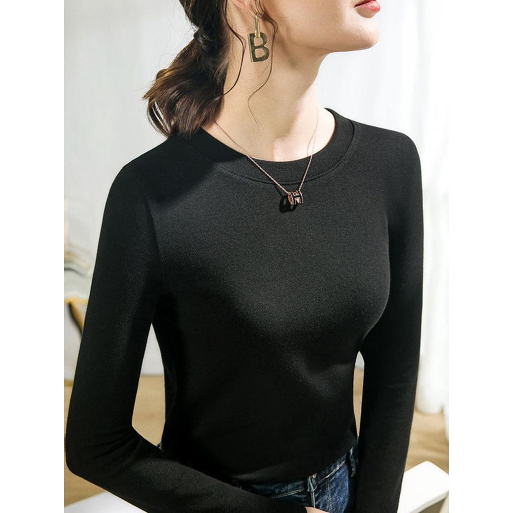 Women's Round Neck Long Sleeve Slim Fit Solid Color Knit Top Basic T-Shirt