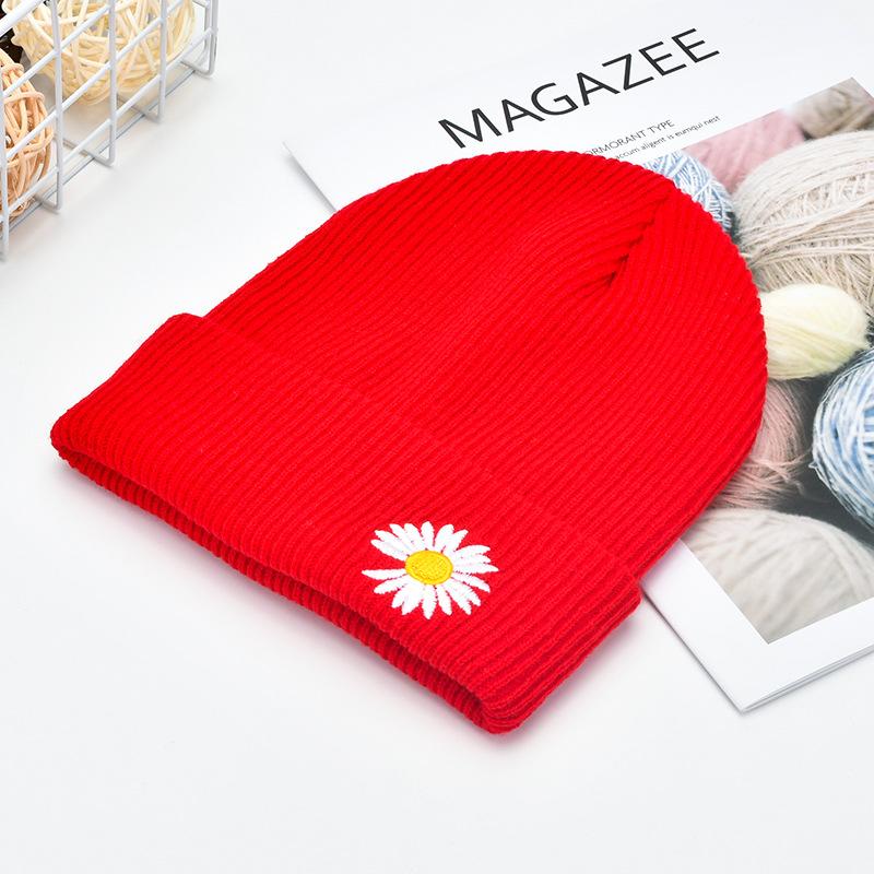 New Daisy Embroidery Beanie Autumn Winter Soft Warm Knitted Cap Men Women Unisex Cap Hats Ski Caps Beanies