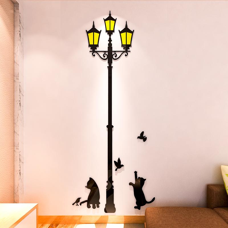 Creative Street Lamp Acrylic 3D Animal Wall Stickers, Cute Cat, Children's Room Wall Decoration, Livingroom, Bedroom, Home Decor