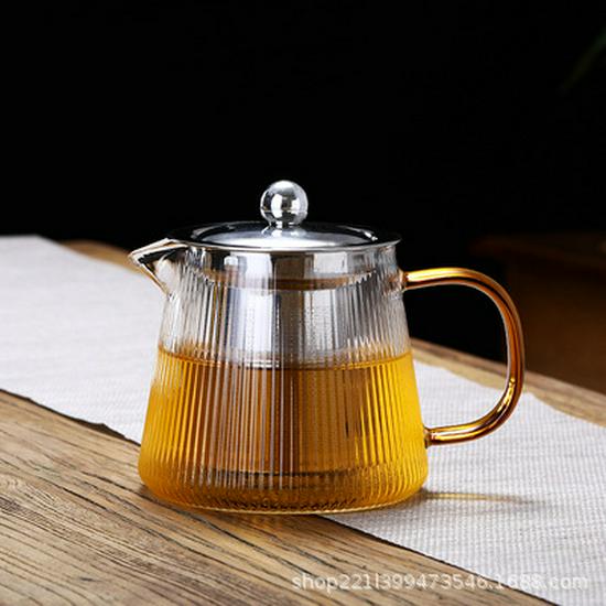 High-Temperature Resistant Glass Teapot with Vertical Pattern and Stainless Steel Filter for Brewing Scented Tea