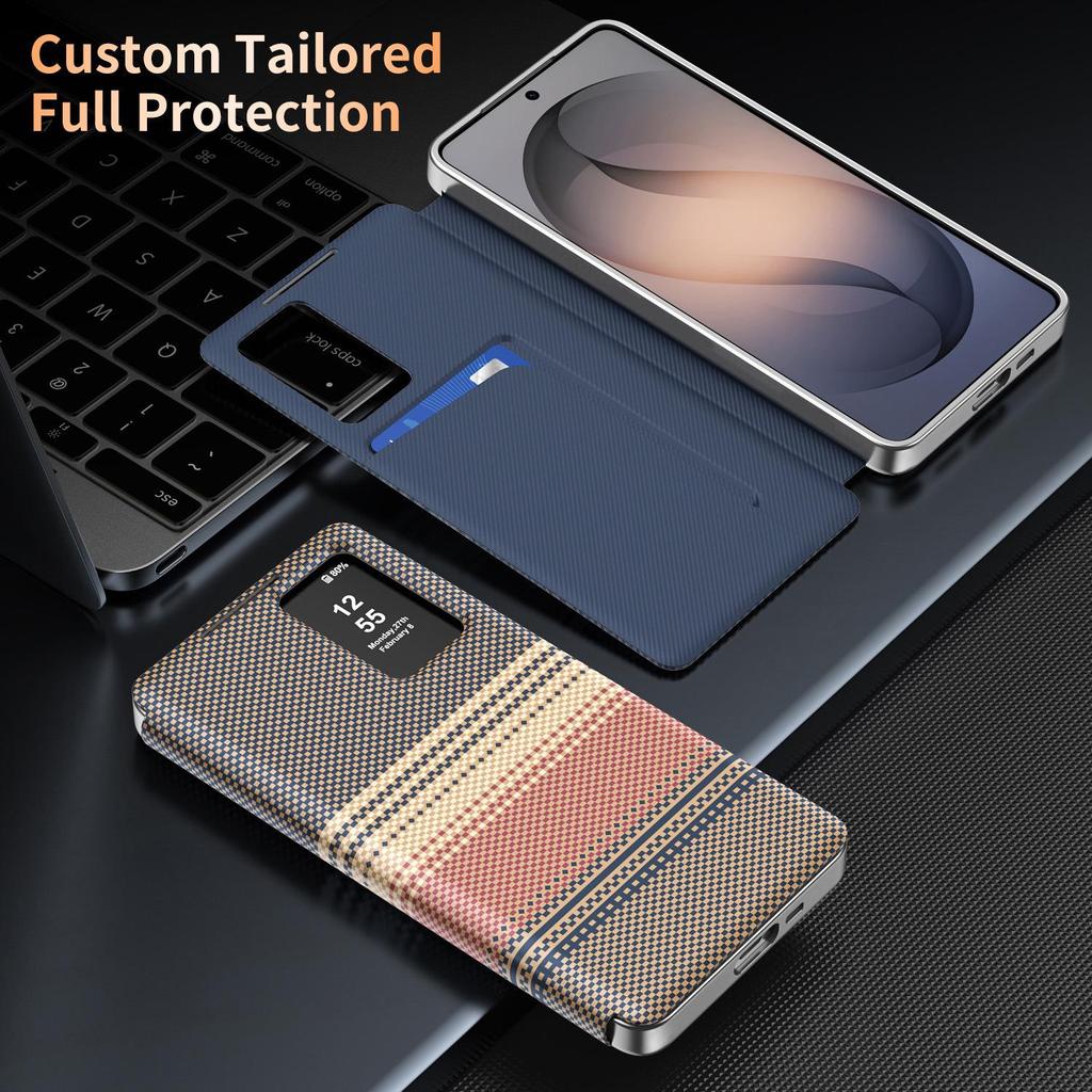 Samsung Galaxy A57 Leather Flip Case with Smart Window & Card Slot, Iridescent & Anti-Fall Design.