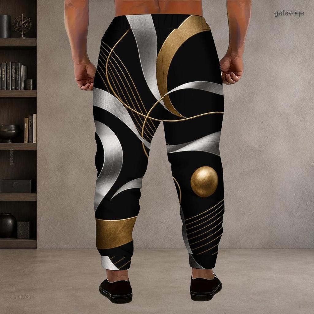 Men S Plus Size Geometric Printed Jogger Pants Black Gold Silver Drawstring Waist Side Pockets Cuffed Ankle