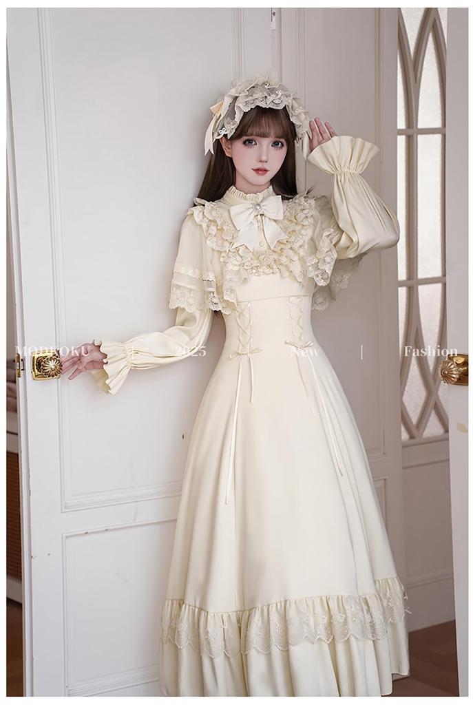 MODKOKU Gothic Lolita Neat and Ribbon Waist Ruffled Long Girly Halloween Long Size XL Cape-Style Dress, Women's, Style, Clean, Lace, Lace-Up Dress,