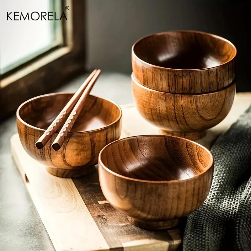 1PCS Natural Wooden Rice Bowl Household Salad Ice Cream Fruit Wooden Bowl Kitchen Food Storage Tableware