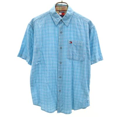 Check Pattern Short Sleeve Cotton Shirt M Light Blue Men's Used