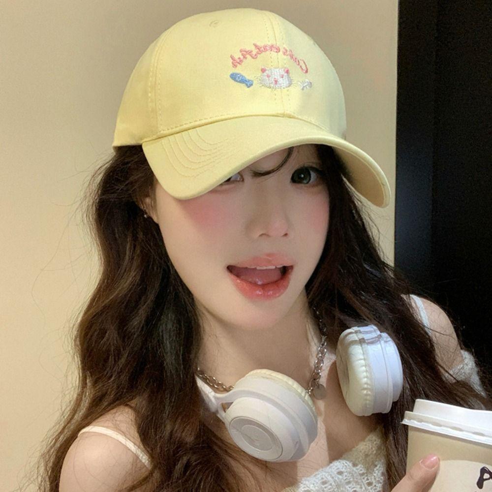 Sunscreen Sunshade Hat Embroidery Cat Peaked Cap Leisure Cartoon Baseball Cap  Girls