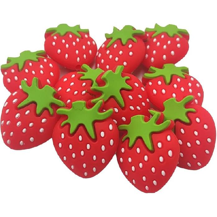 15pcs Red Silicone Strawberry Beads for Keychain Silicone Fruit Beads Loose Spacer Beads for Pen DIY Making Woman Lanyard Pendant Handmade Craft Red strawberry 15pcs