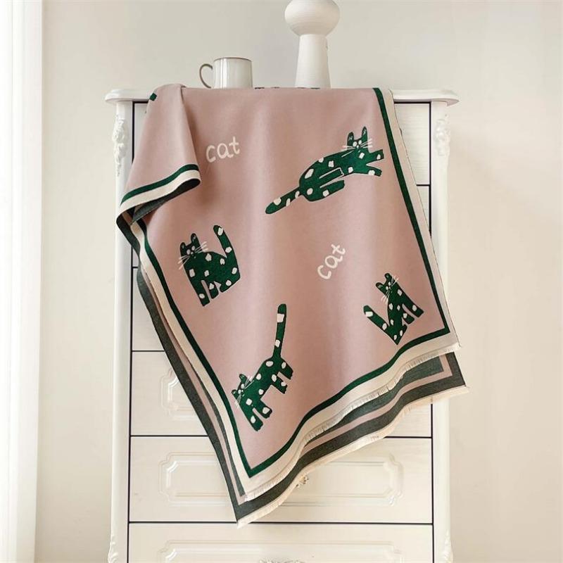 Winter imitation cashmere scarf women's double-sided cartoon cat shawl warm long sweet and cute fringed dual-purpose scarf