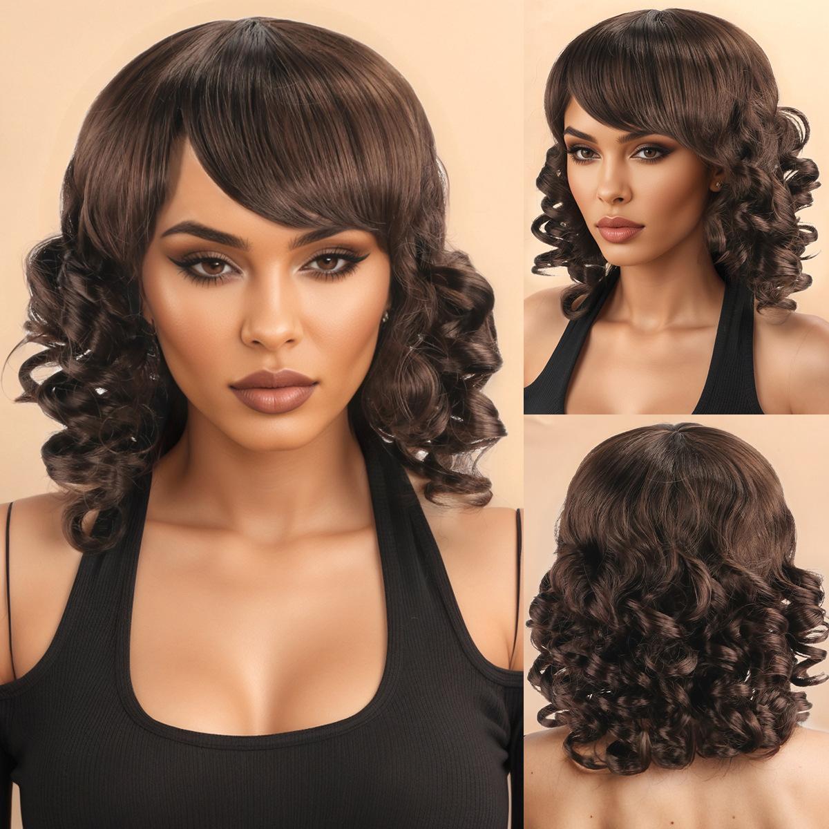 

Women Short Fluffy Curly Wigs With Bangs Fashion Synthetic Dark Brown Natural Hair for Daily Party Costume Use Heat Resistant Fibre коричневый