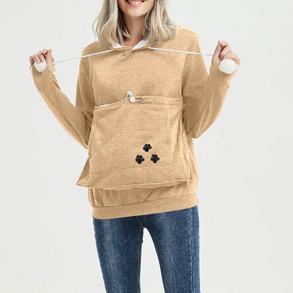 Women's Fashion Casual Top Solid Color Long Sleeve Pet Pocket Hoodie Sweatshirt