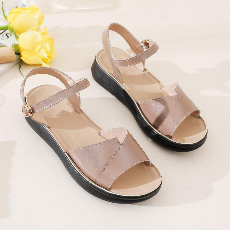 ~~ Mom Sandals Leather Middle-aged and Old Summer Soft-soled Women's Shoes Flat-soled Grandma Non-slip Comfortable Sandals