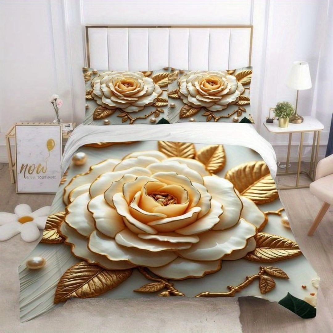 

Золотой Цветочный Постельный Комплект Набор Пододеяльников Покрывало С Наволочкой Для Декора Спальни Подарок на День Рождения Подарок на Хэллоуин Рождественский Подарок EU Single135x200cm
