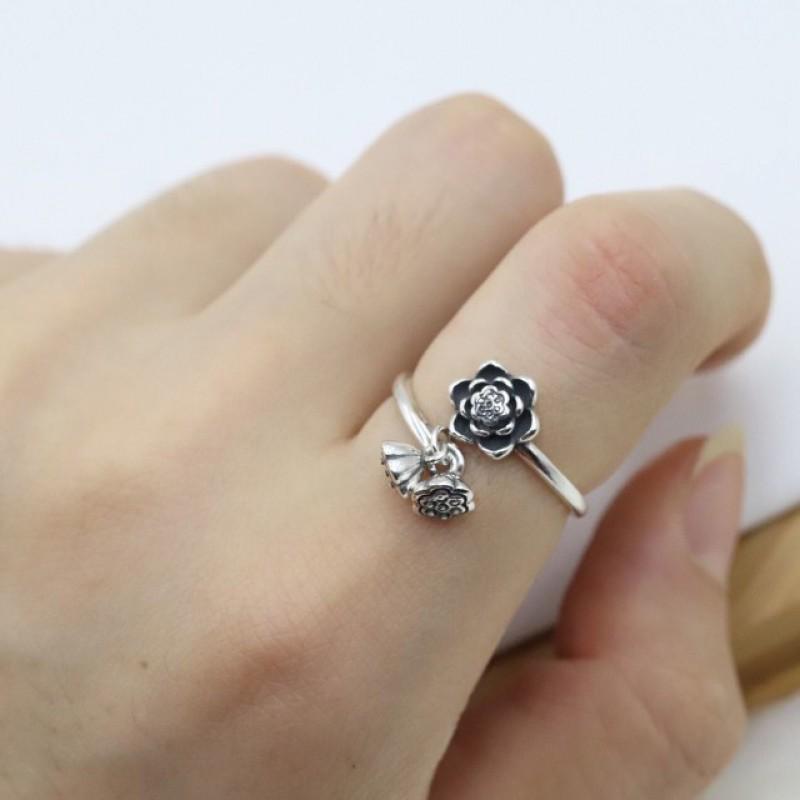 Adjustable Open Ring Women Men Vintage Style Plated Copper Geometric Lotus Flower Design Statement Jewelry Gift