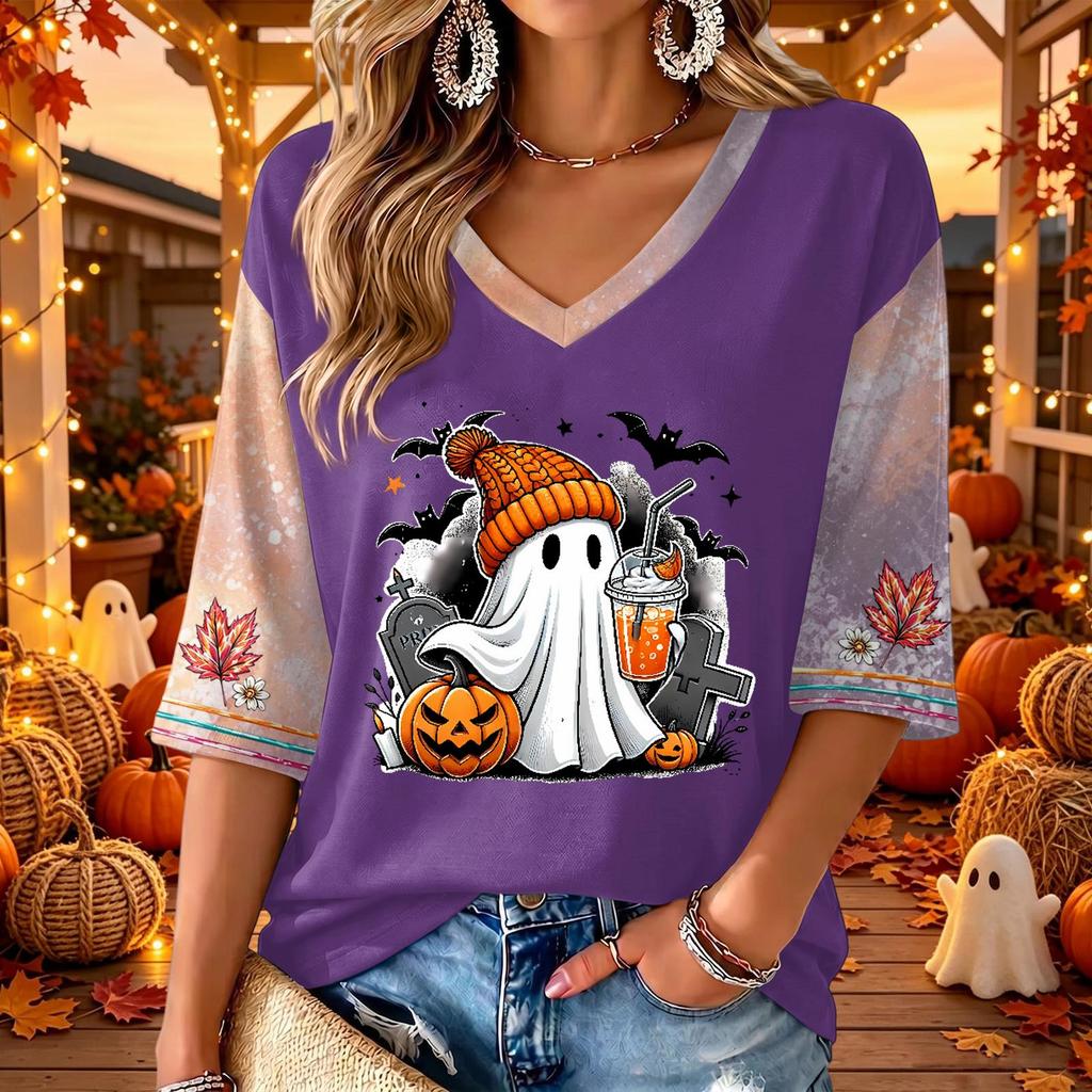 Women's Halloween Print V-Neck 3/4 Sleeve Casual Blouse Top