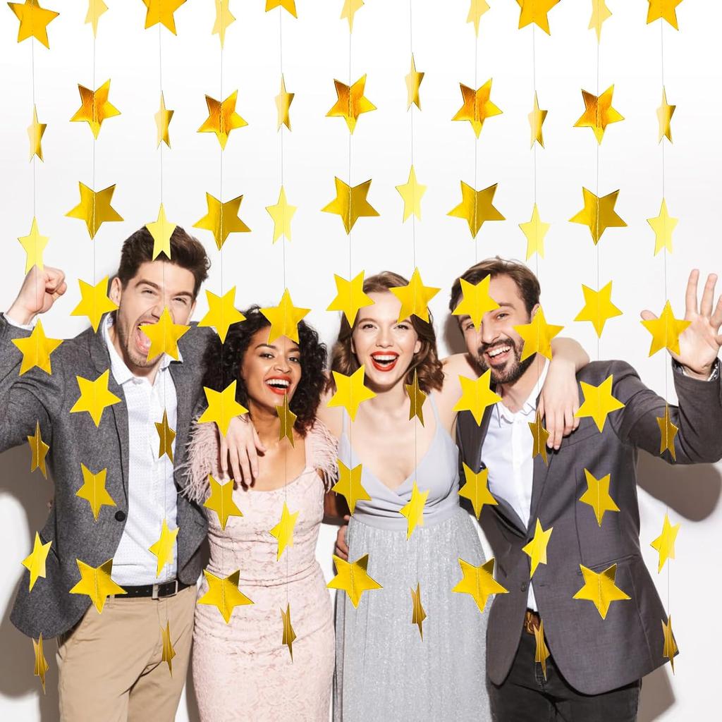 65 Feet Gold Star Garland - Double Sided Paper Star Garland Decorations - Hanging Stars Streamers Party Decorations for Graduation Wedding Birthday
