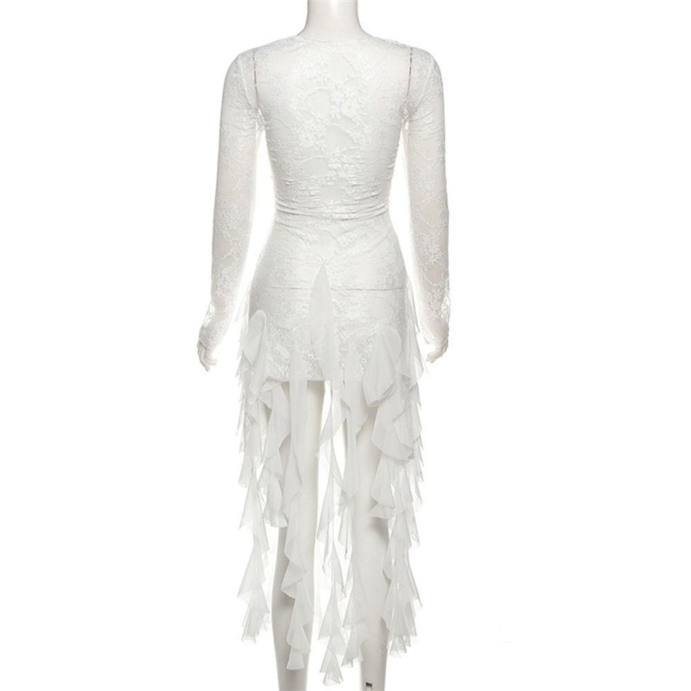 Ruffled Edge Pleated Lace Dress Tassel Transparent Dress Women Elegant Lace Flower Dress  For Girls