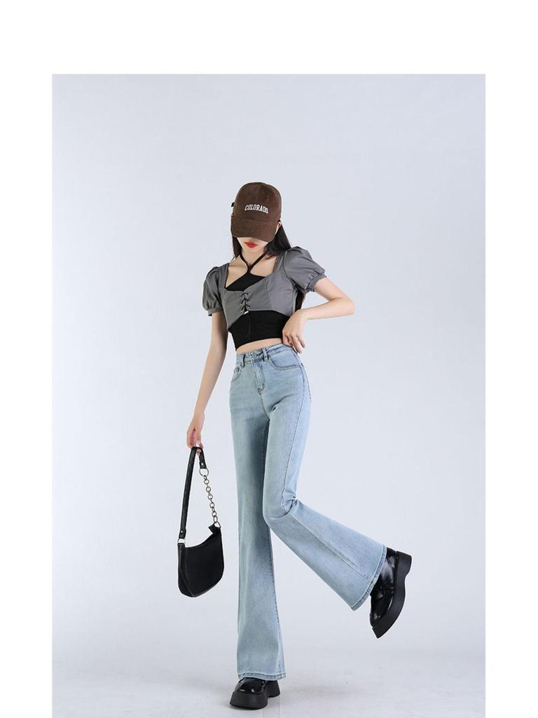 Women's High-Waisted Light Blue Micro-Flared Jeans - 2024 Spring/Autumn Versatile Long Pants.