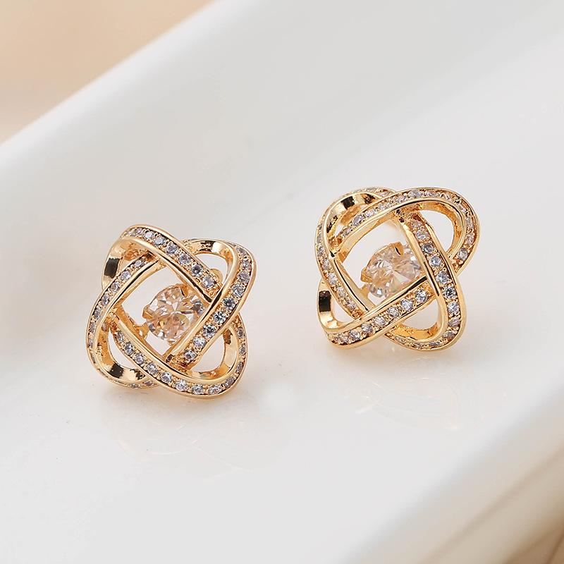 European  American Geometric Ball Metal Stud Earrings with Small Diamond and Hollow Design